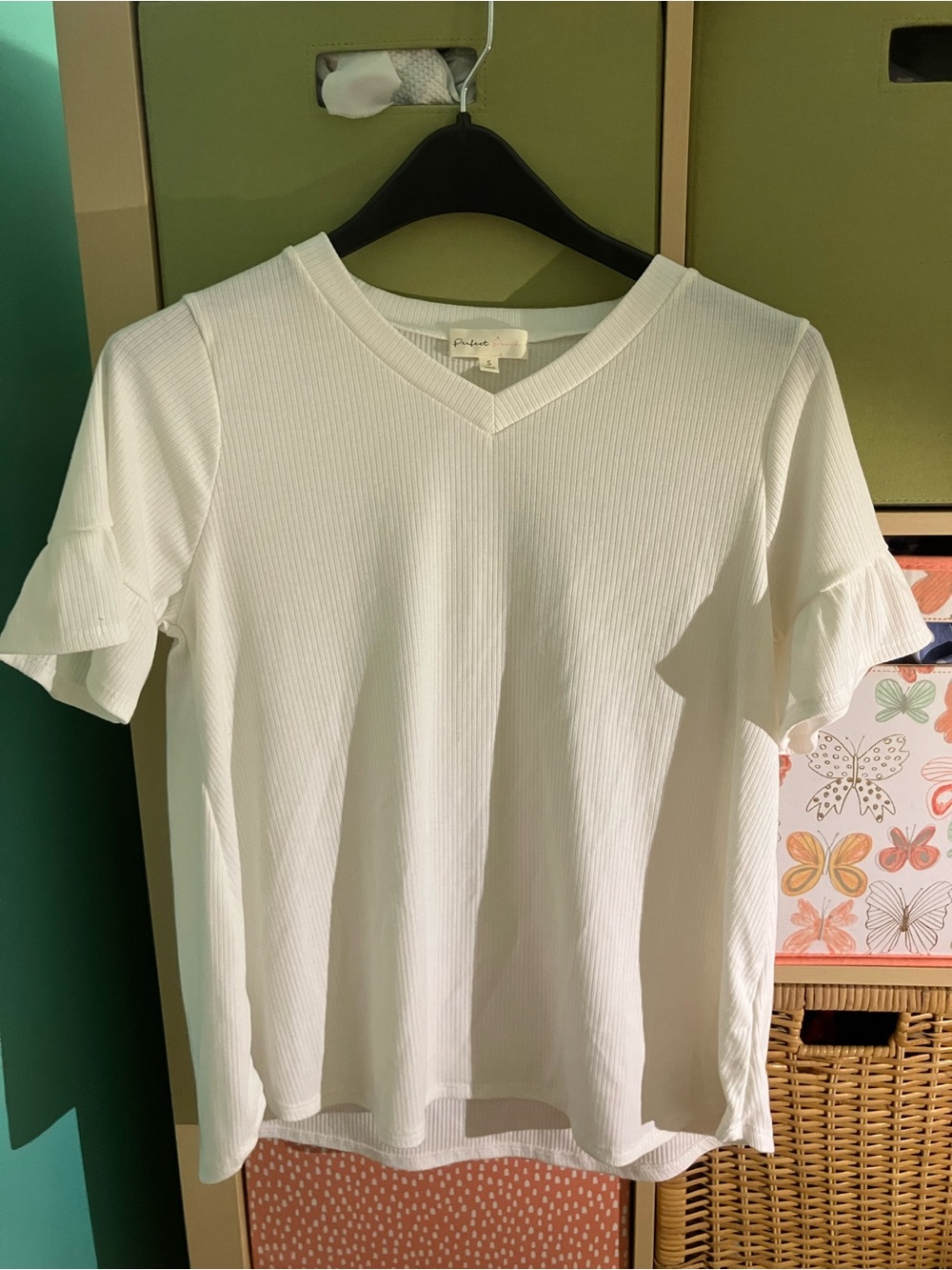 Ribbed White V-Neck Ruffle Sleeve Tee